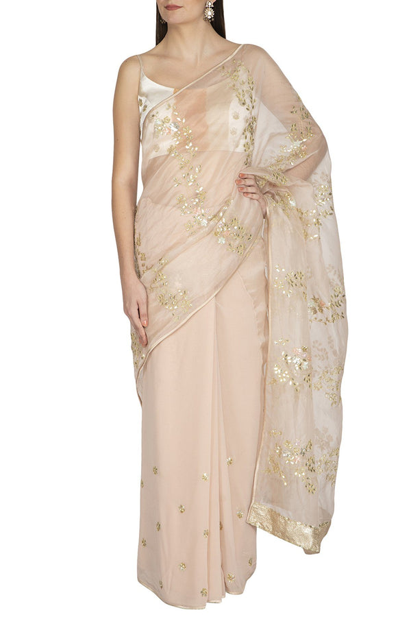 Apricot Blush Half n Half Saree with Ivory Tie & Dye Gajji Blouse - devnaagri