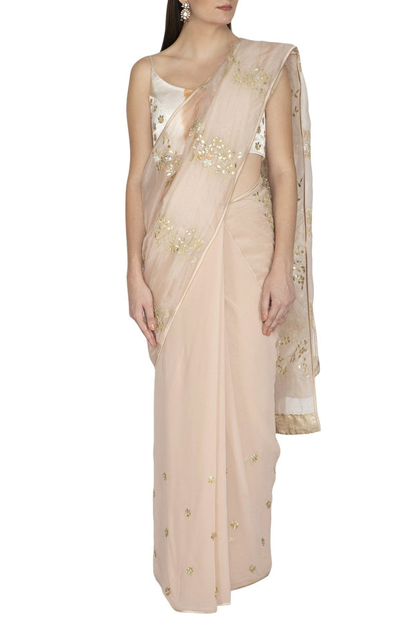 Apricot Blush Half n Half Saree with Ivory Tie & Dye Gajji Blouse - devnaagri