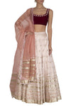Apricot Blush Lehenga with Burgundy Blouse and Peach Dupatta - devnaagri