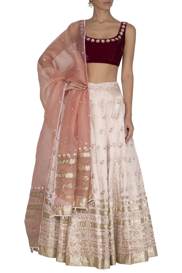 Apricot Blush Lehenga with Burgundy Blouse and Peach Dupatta - devnaagri
