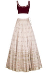 Apricot Blush Lehenga with Burgundy Blouse and Peach Dupatta - devnaagri