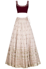 Apricot Blush Lehenga with Burgundy Blouse and Peach Dupatta - devnaagri