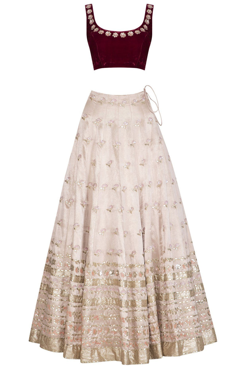 Apricot Blush Lehenga with Burgundy Blouse and Peach Dupatta - devnaagri
