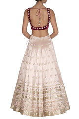 Apricot Blush Lehenga with Burgundy Blouse and Peach Dupatta - devnaagri
