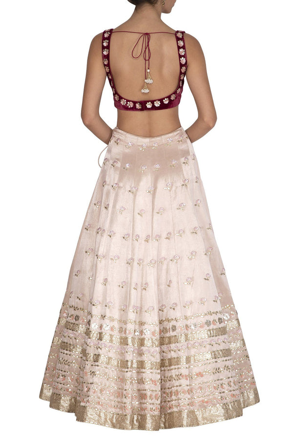 Apricot Blush Lehenga with Burgundy Blouse and Peach Dupatta - devnaagri