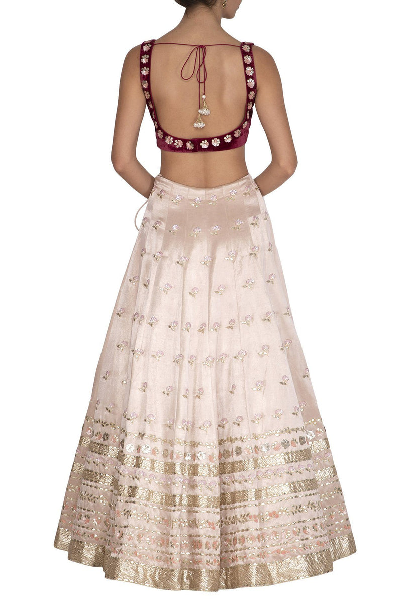 Apricot Blush Lehenga with Burgundy Blouse and Peach Dupatta - devnaagri