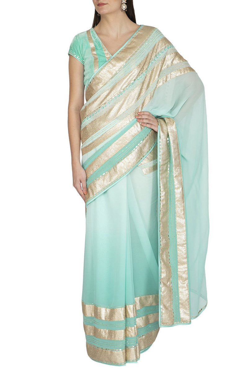 Aqua Shaded Ombre Saree - devnaagri