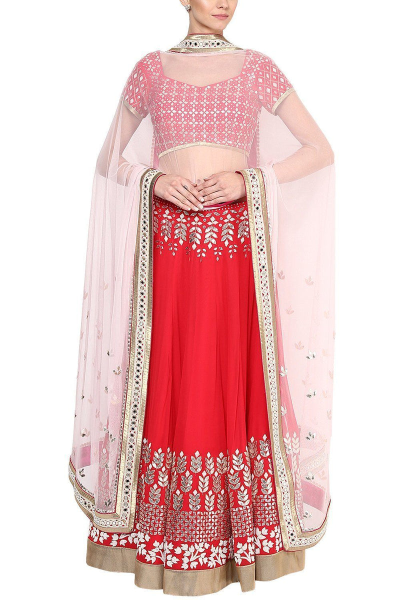 Red and Champagne Gota Patti Embroidered Lehenga Set - devnaagri