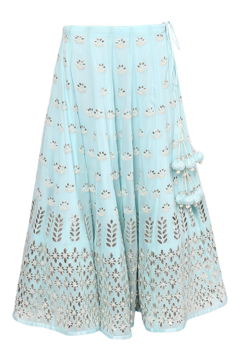 Sky Blue and Champagne Gota Patti Embroidered Lehenga Set - devnaagri