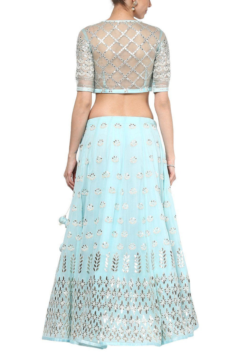 Sky Blue and Champagne Gota Patti Embroidered Lehenga Set - devnaagri