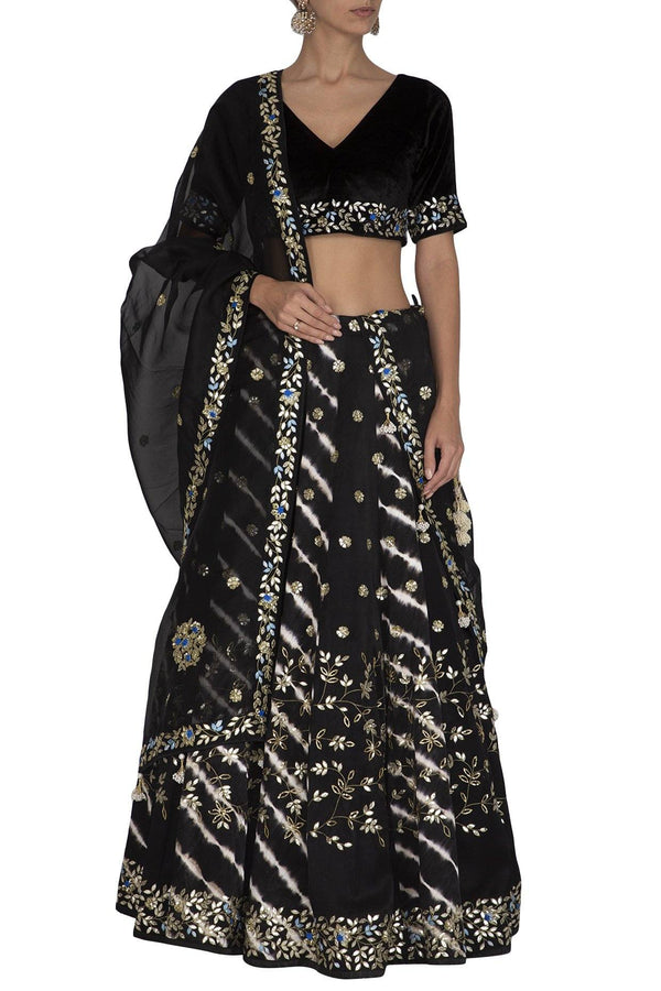 Black Leheriya Lehenga with Matching Blouse & Dupatta - devnaagri