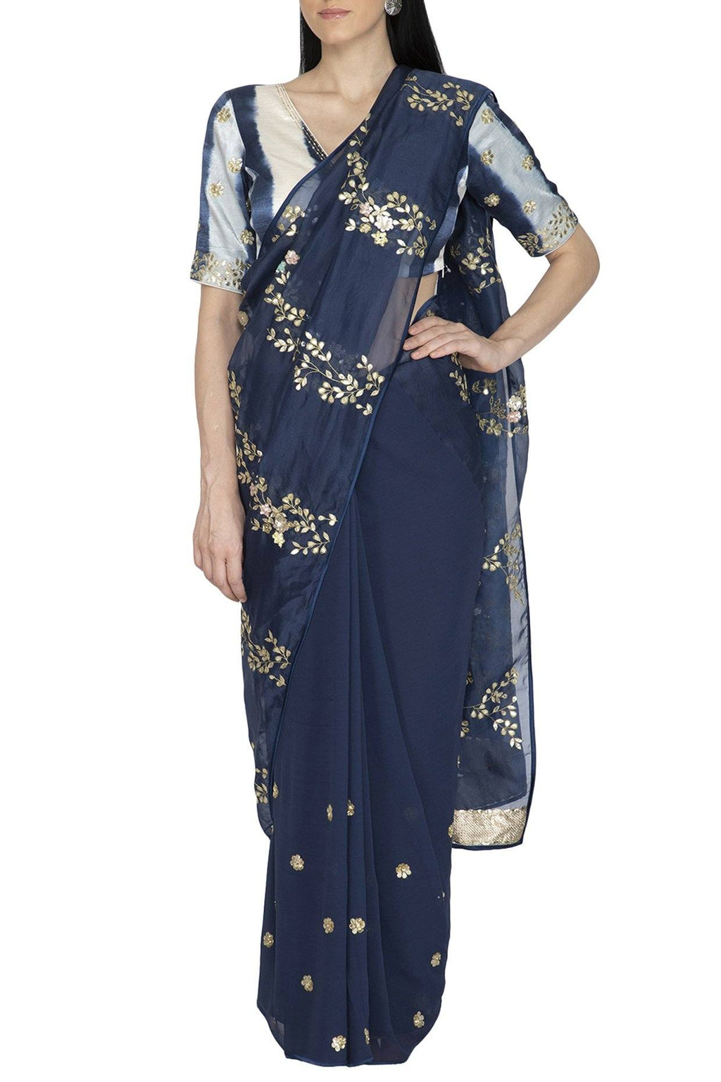 Blue Organza Saree with Tie & Dye pallu and Silk Blouse - devnaagri