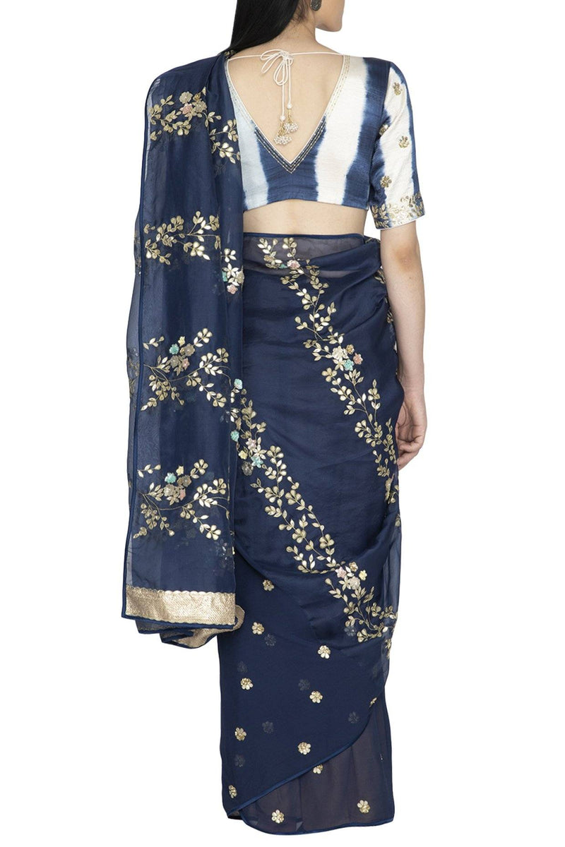 Blue Organza Saree with Tie & Dye pallu and Silk Blouse - devnaagri