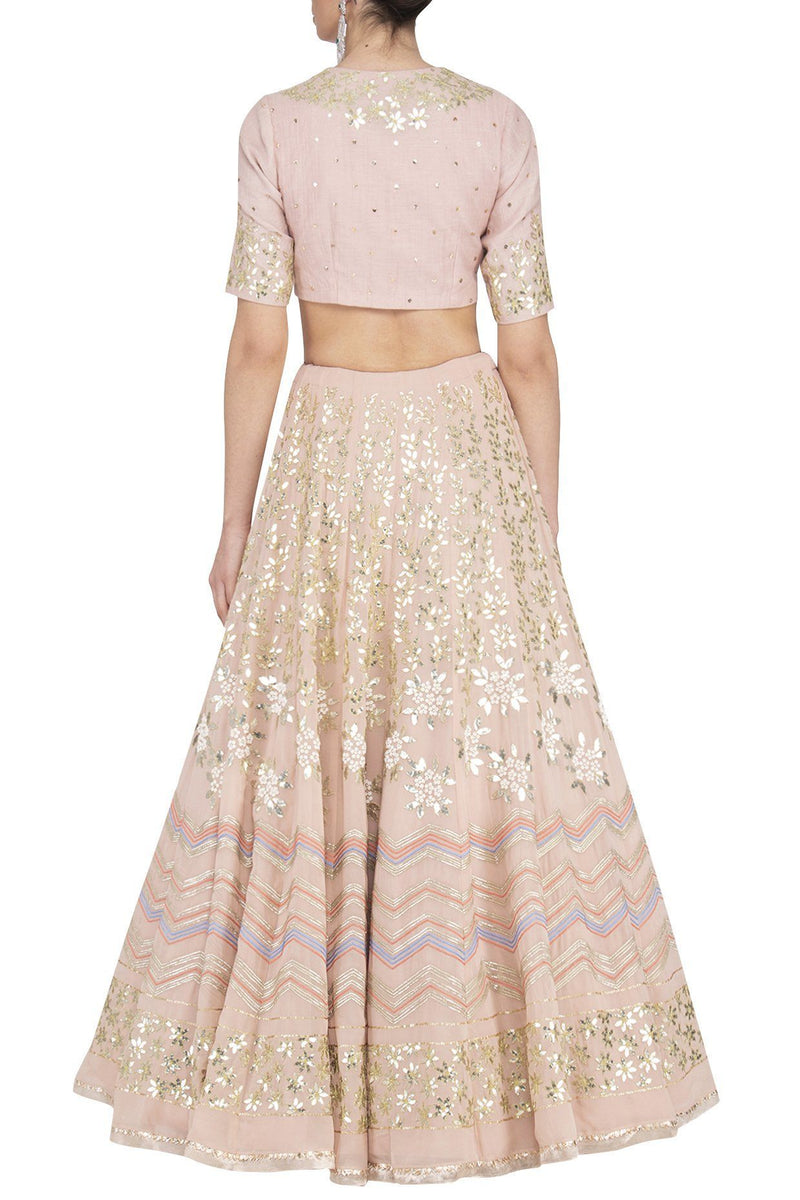 Blush Pink Georgette Lehenga with Mul Mukaish Blouse - devnaagri