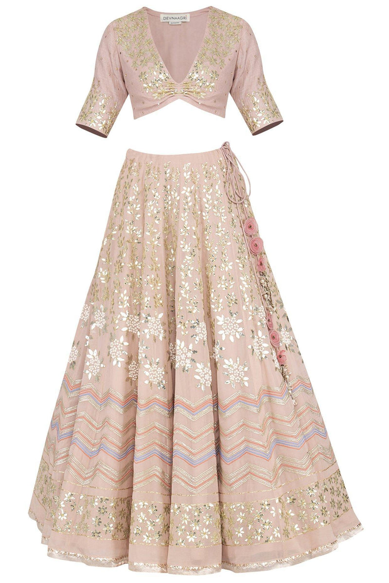 Blush Pink Georgette Lehenga with Mul Mukaish Blouse - devnaagri