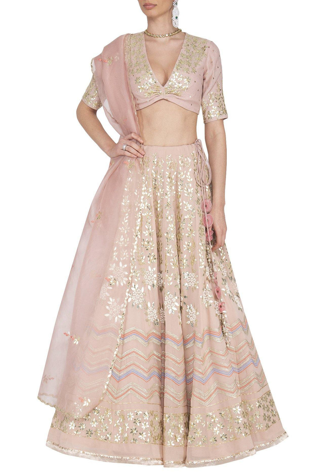 Blush Pink Georgette Lehenga with Mul Mukaish Blouse - devnaagri