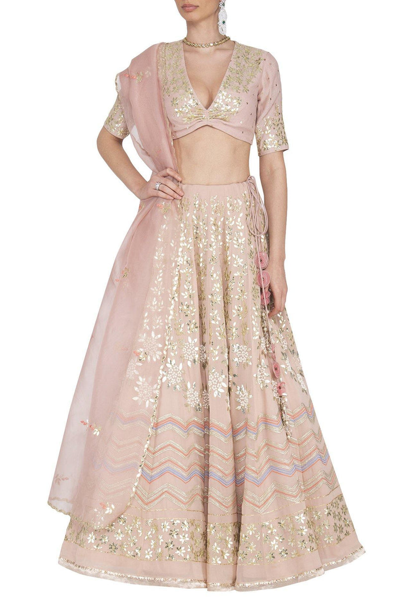 Blush Pink Georgette Lehenga with Mul Mukaish Blouse - devnaagri