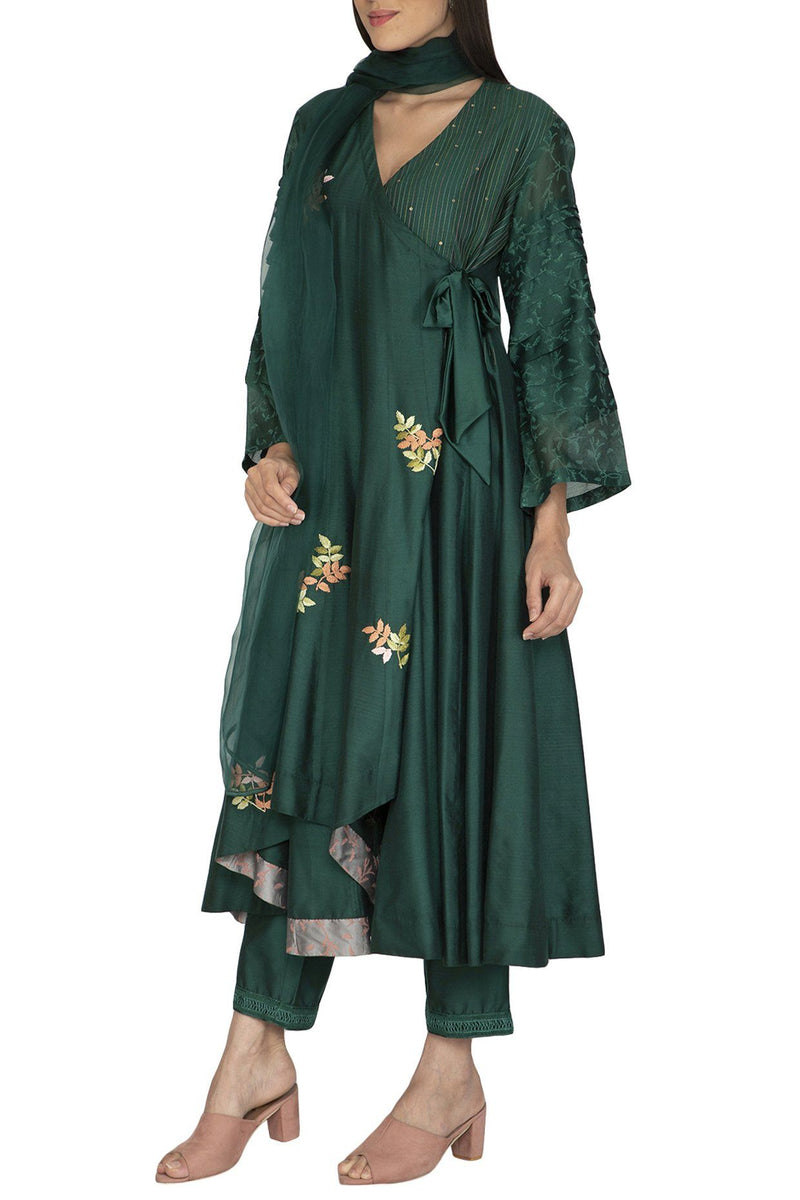 Bottle Green Anarkali with Pants Set - devnaagri
