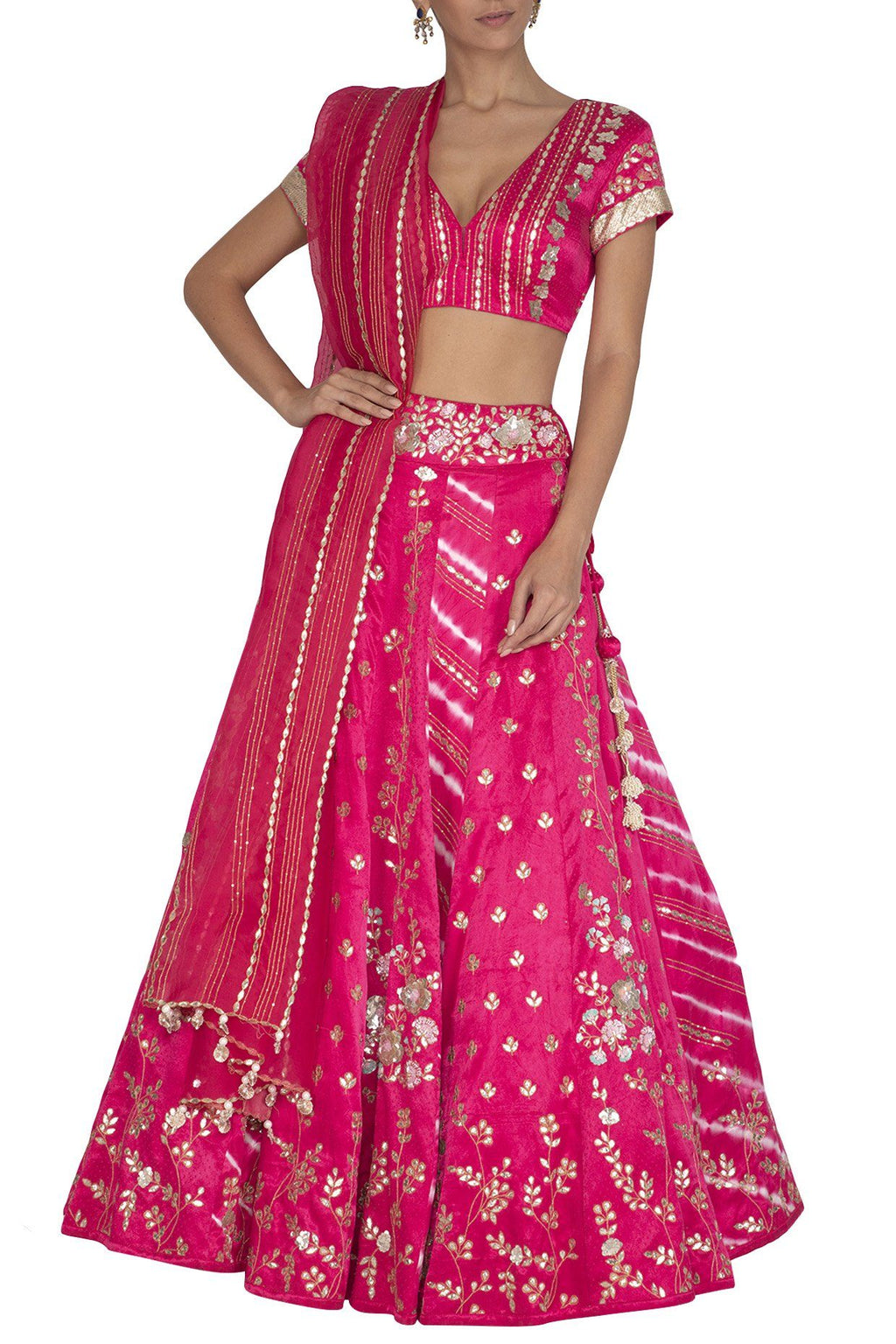 Fuschia Panelled Gajji Lehenga with Self Gajji Blouse - devnaagri