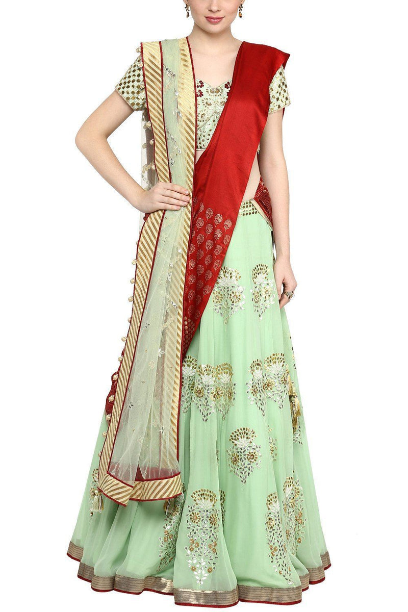Mint Green Gota Patti Lehenga with Green Embroidered Blouse - devnaagri