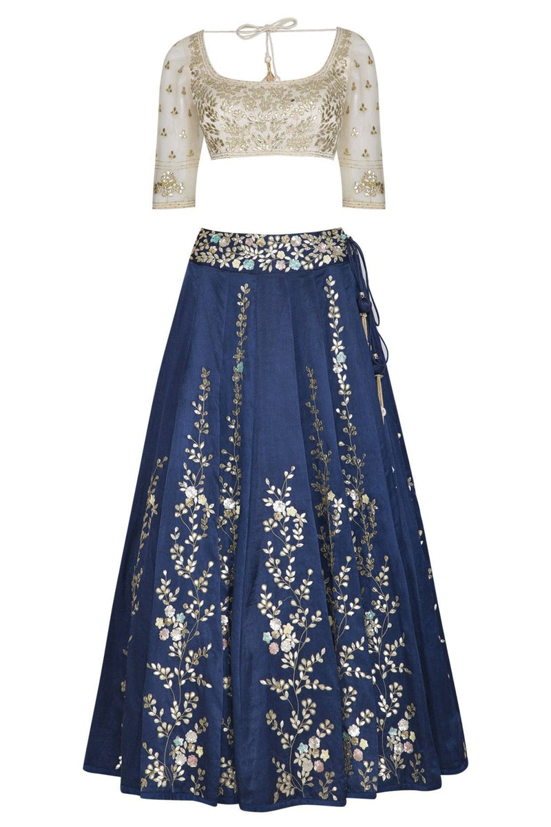 Twilight Blue Lehenga & Dupatta with Ivory Blouse - devnaagri