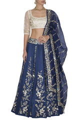 Twilight Blue Lehenga & Dupatta with Ivory Blouse - devnaagri