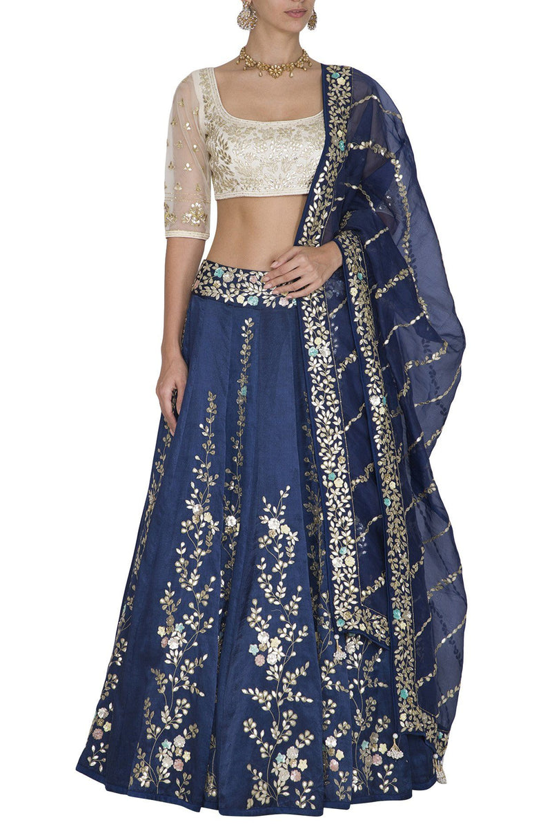 Twilight Blue Lehenga & Dupatta with Ivory Blouse - devnaagri
