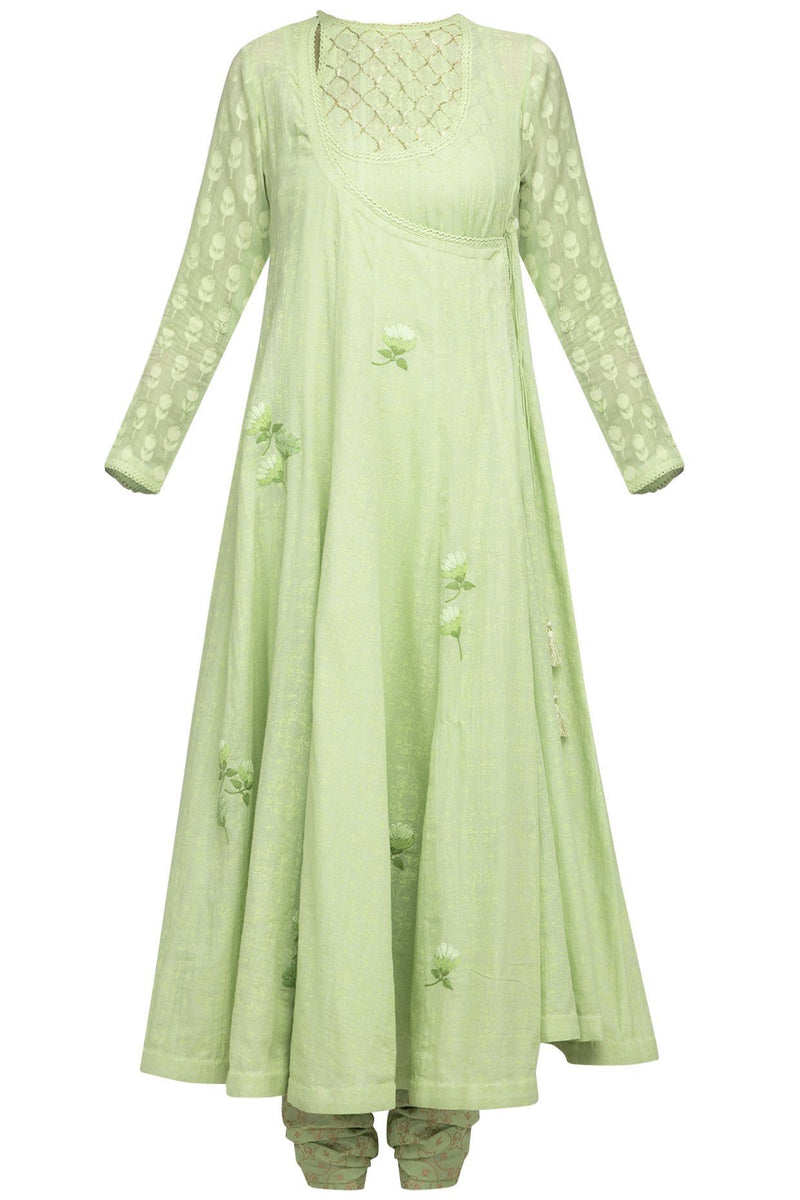 Green Angrakha Kurta with Churidar - devnaagri