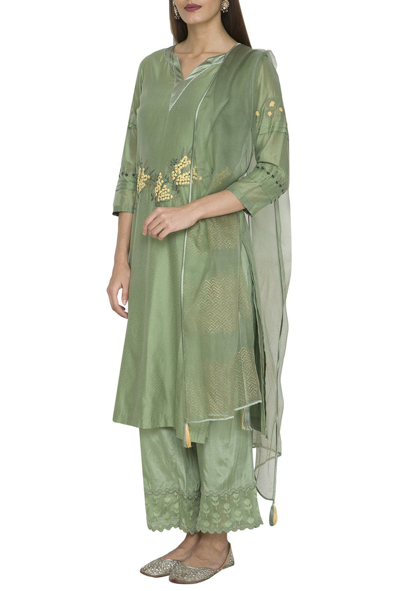 Green Chanderi Kurta with Shantoon Pallazo Set