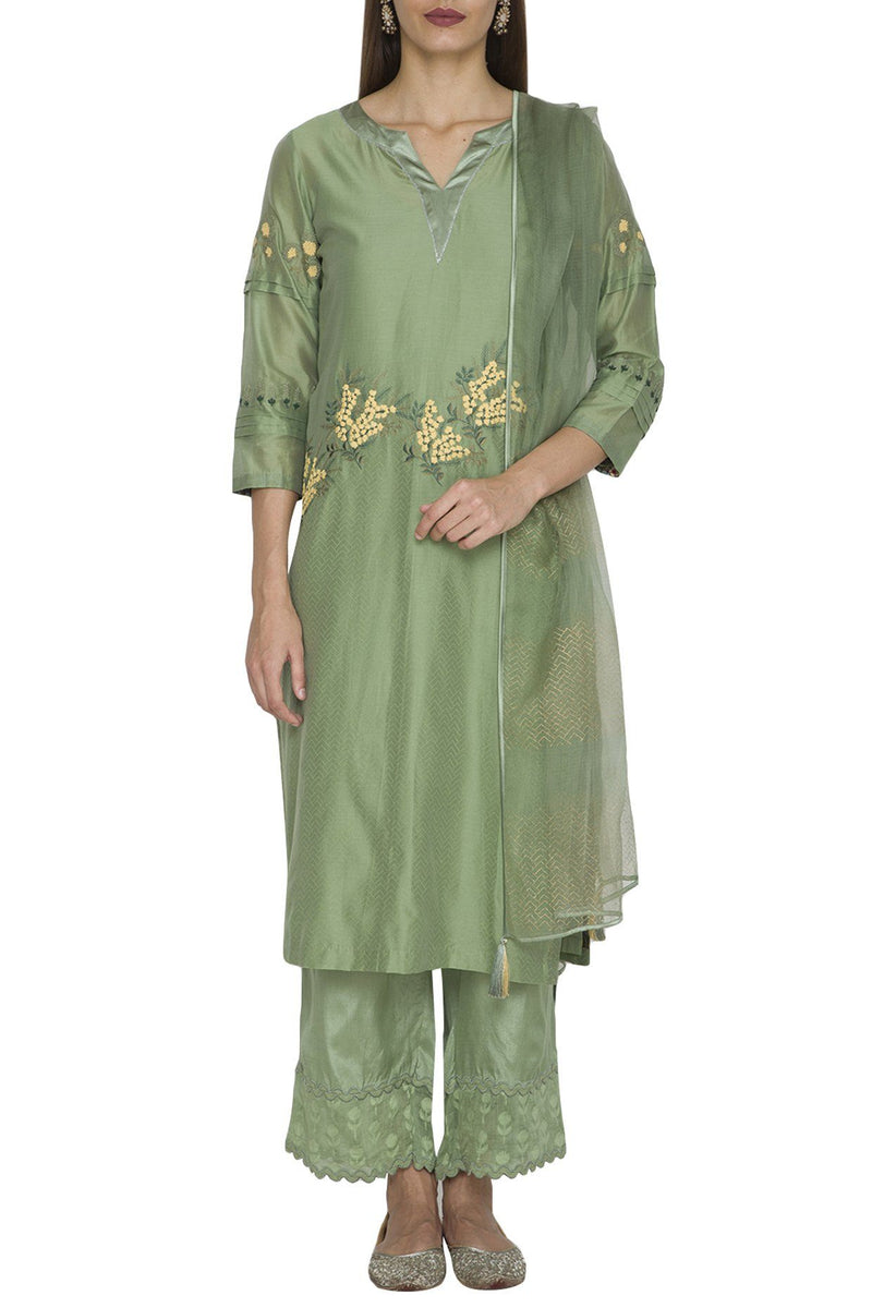 Green Chanderi Kurta with Shantoon Pallazo Set