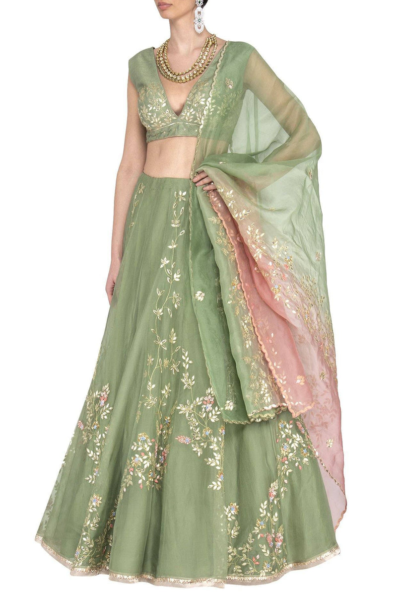 Green Georgette Lehenga with Raw Silk Blouse - devnaagri