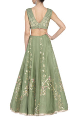 Green Georgette Lehenga with Raw Silk Blouse - devnaagri