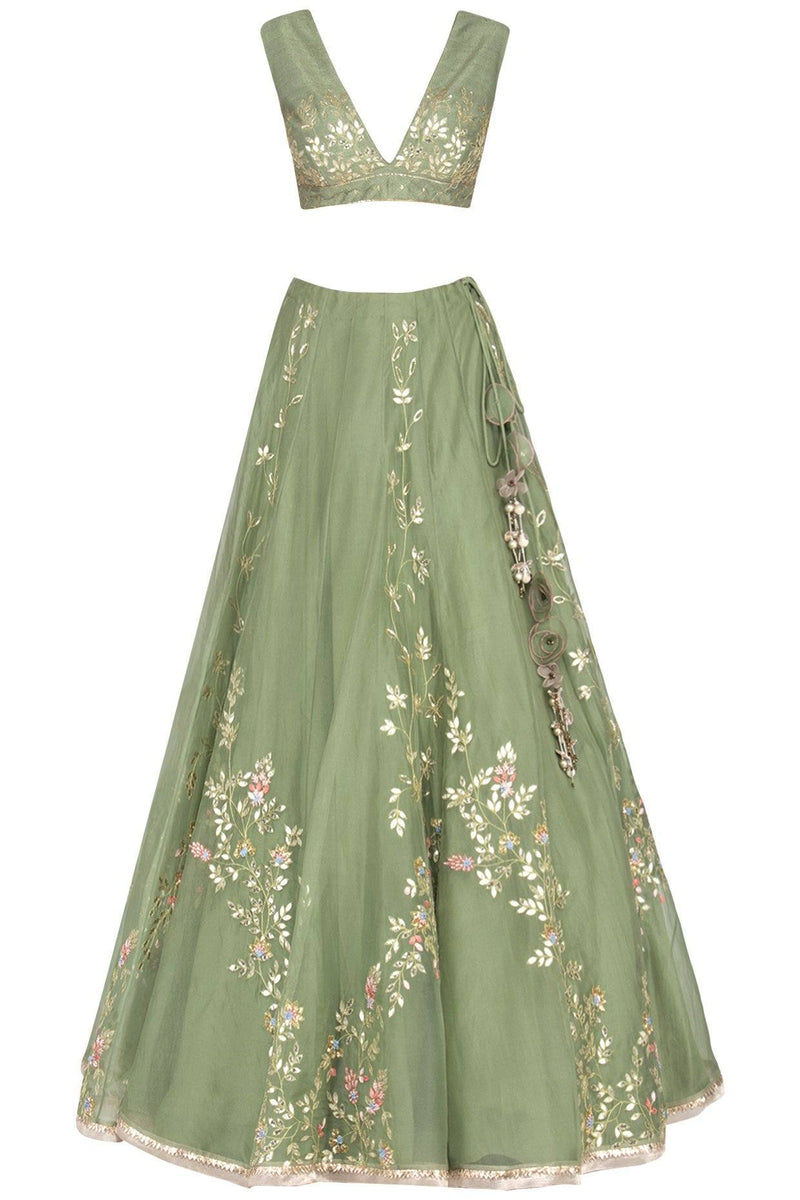 Green Georgette Lehenga with Raw Silk Blouse - devnaagri