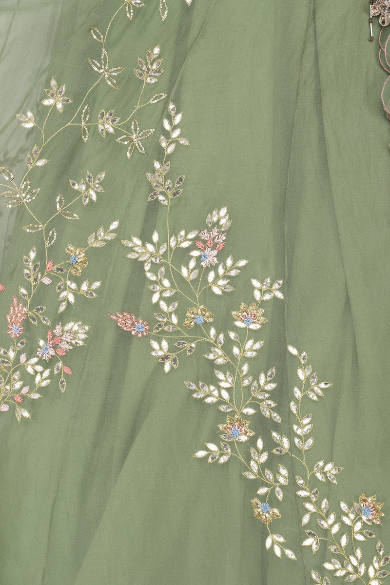 Green Georgette Lehenga with Raw Silk Blouse - devnaagri