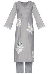 Grey Chanderi Straight Kurta With Pants - devnaagri