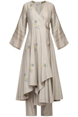 Pista Green Angrakha Anarkali with Cotton Silk Pants - devnaagri