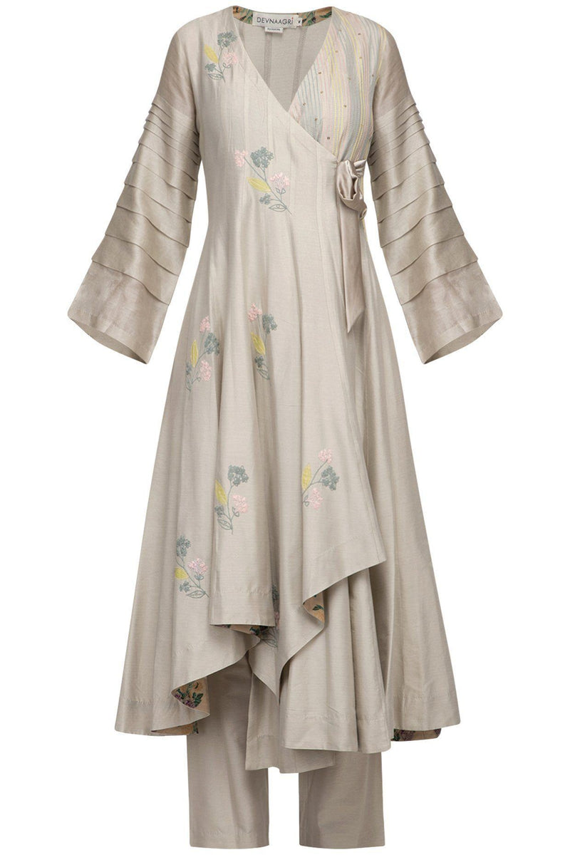 Pista Green Angrakha Anarkali with Cotton Silk Pants - devnaagri