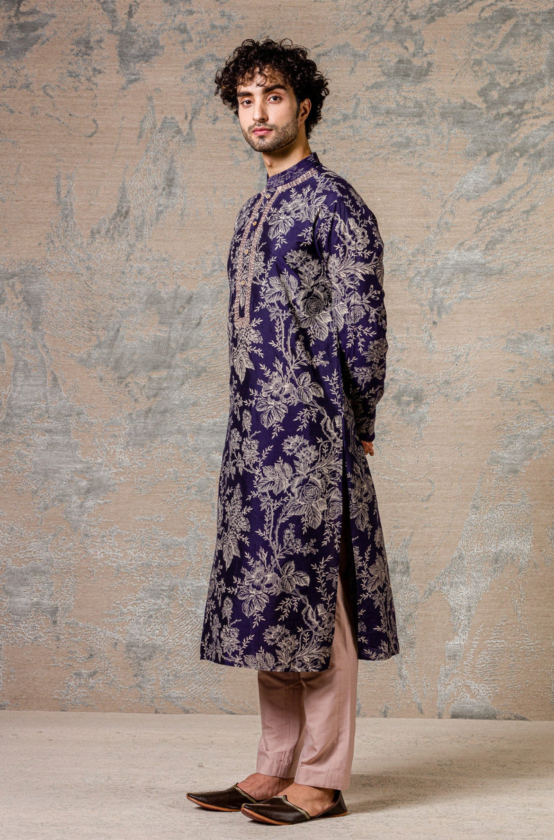 Navy Printed Kurta & Jacket Set