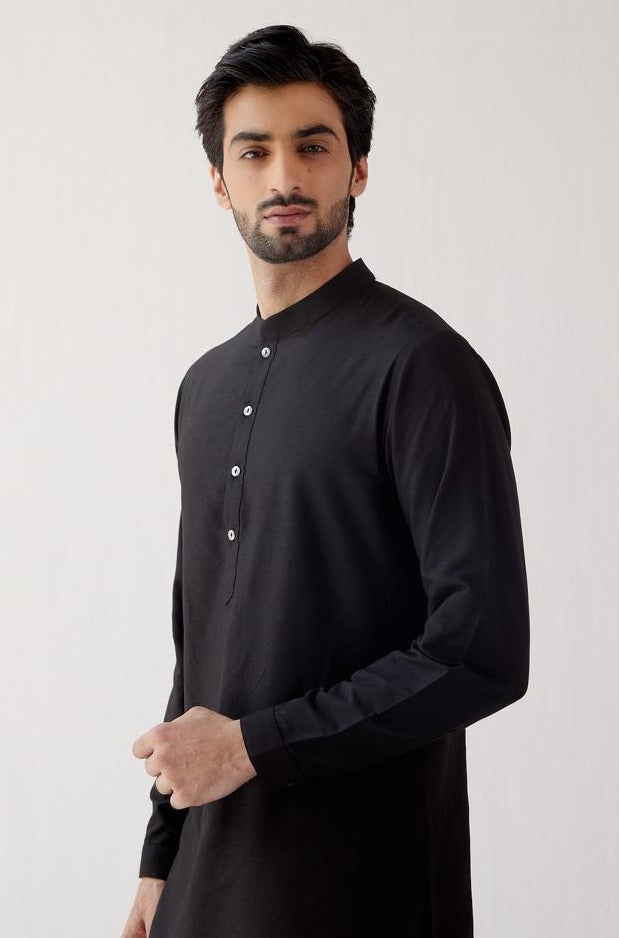 Black Cotton Silk Kurta with Bundi Set