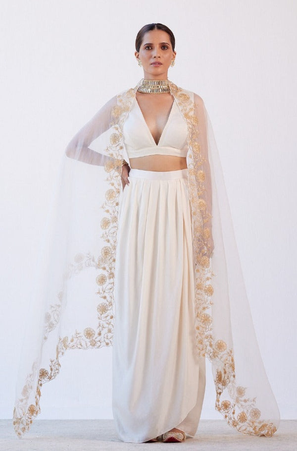 Ivory Embroidered Drape Skirt Set