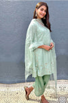 Pooja Hegde in Sea Green Cotton Silk Satin Short Kurta Set
