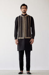 Black Cotton Silk Kurta with Bundi Set
