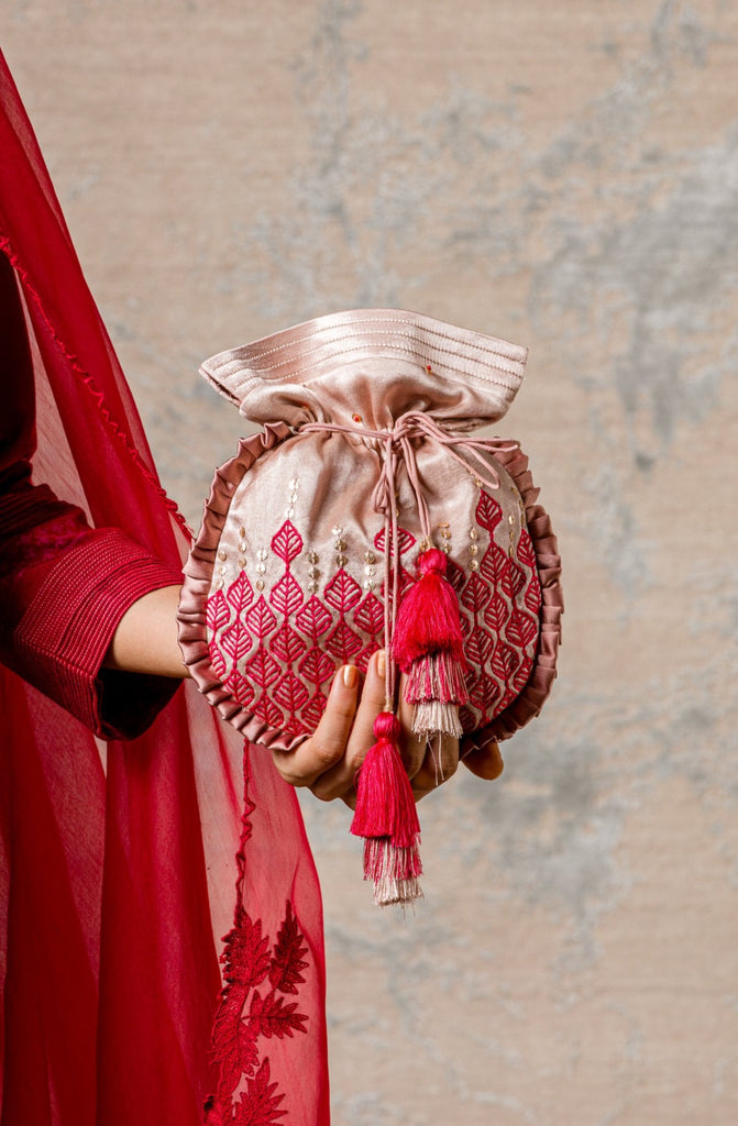 Devnaagri Beige Embroidered Potli Bag