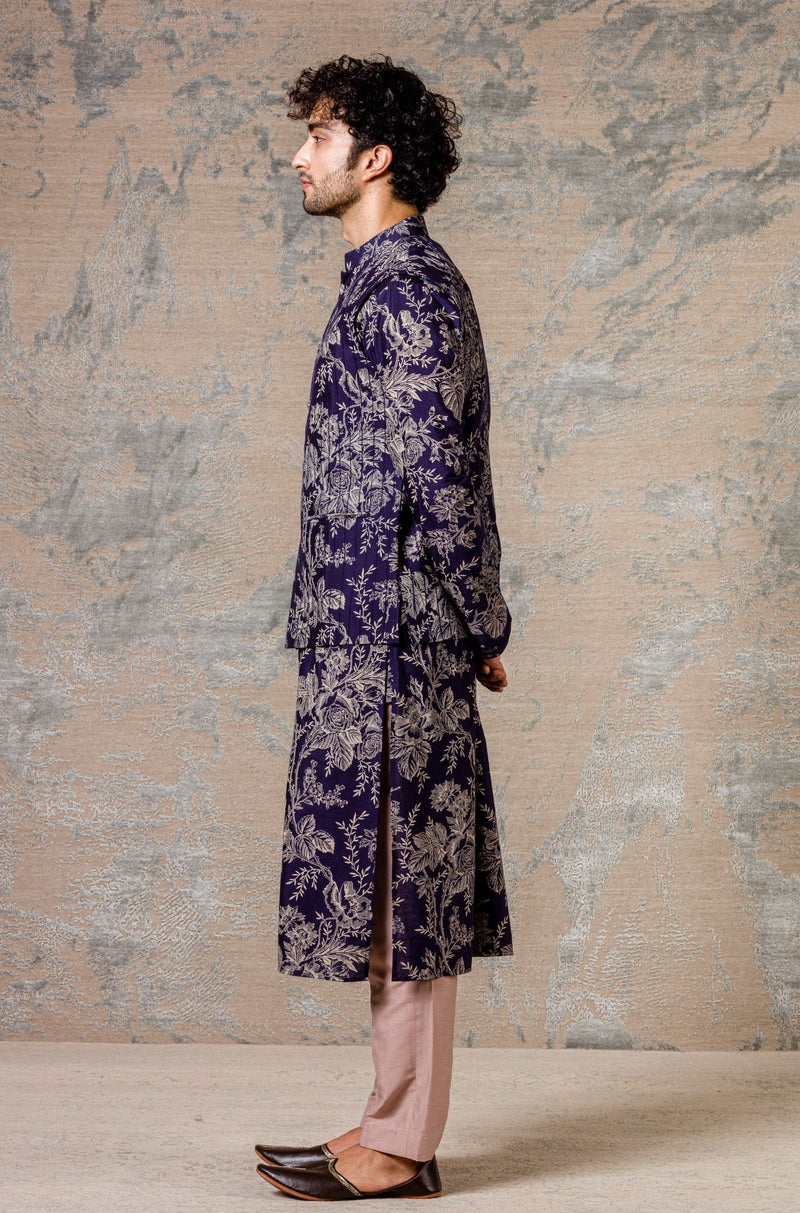 Navy Printed Kurta & Jacket Set