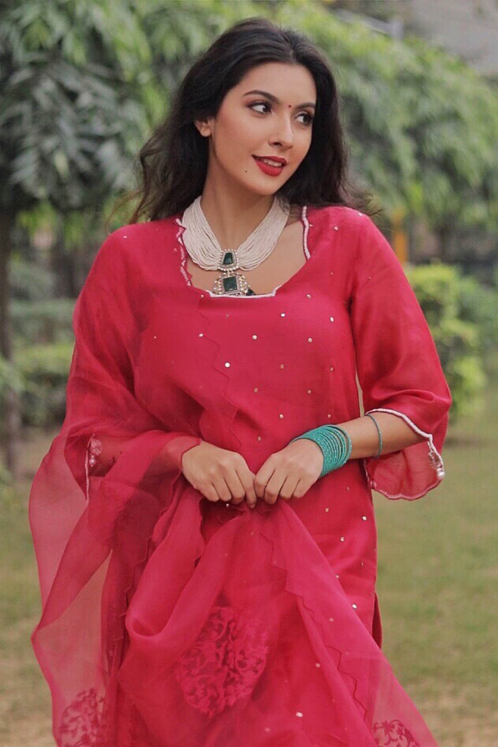 Niki Mehra in Red Mukaish Chanderi Kurta Set