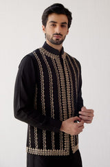 Black Cotton Silk Kurta with Bundi Set