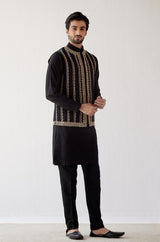 Black Cotton Silk Kurta with Bundi Set