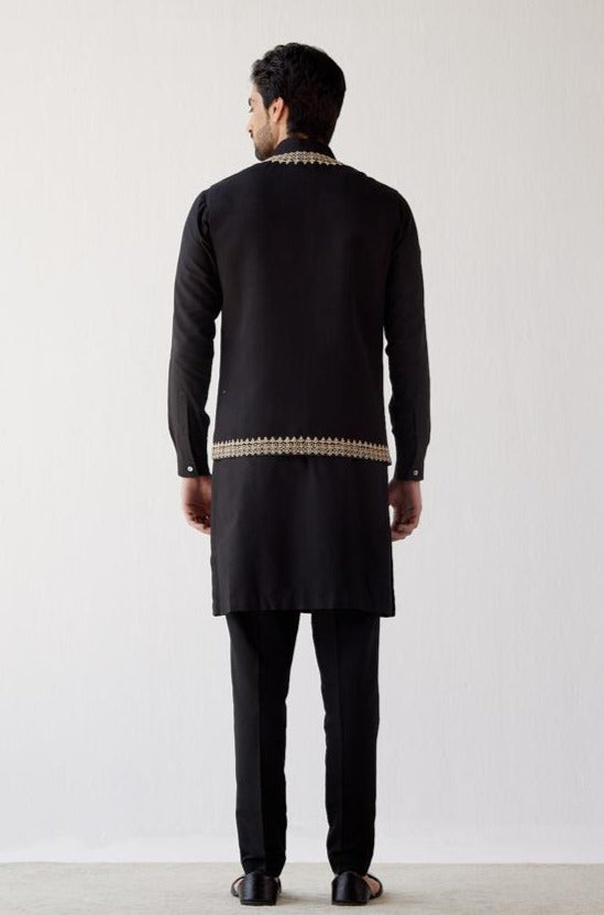 Black Cotton Silk Kurta with Bundi Set