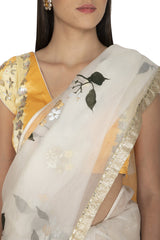 Ivory Hand Painted Saree with Yellow Tie & Dye Gajji Silk Blouse - devnaagri