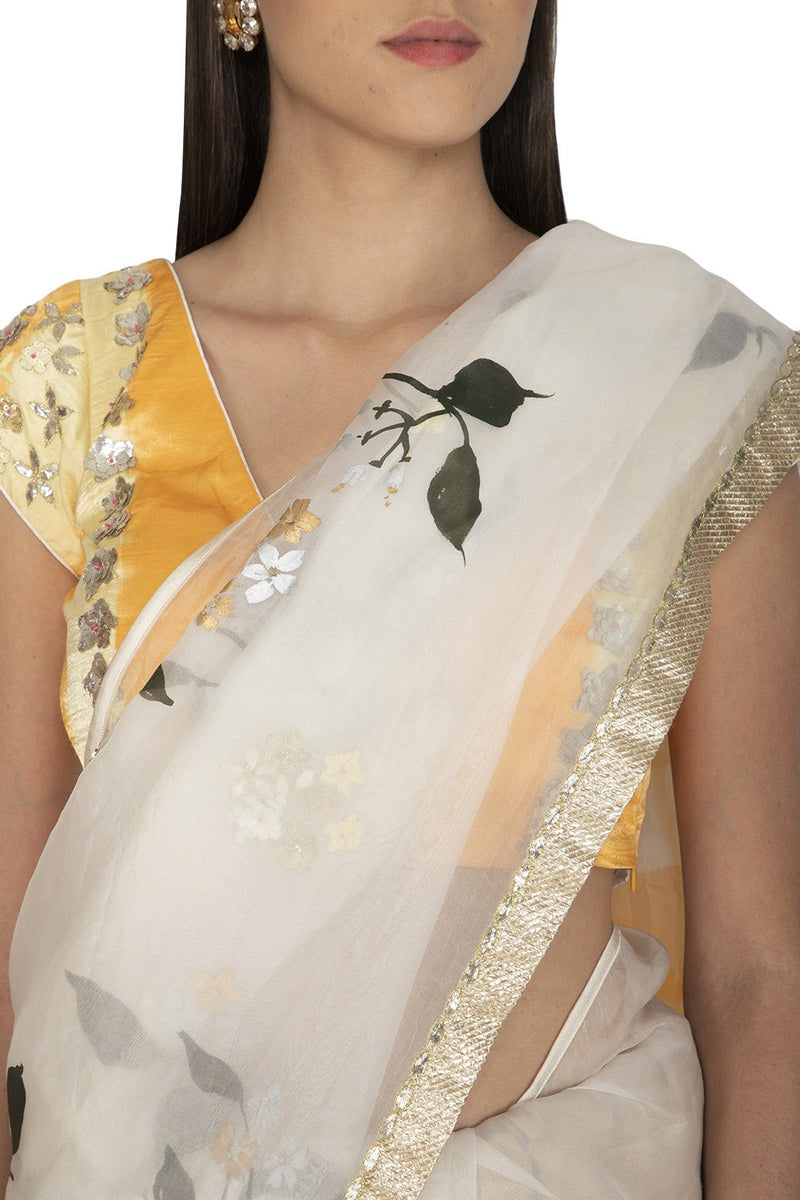 Ivory Hand Painted Saree with Yellow Tie & Dye Gajji Silk Blouse - devnaagri